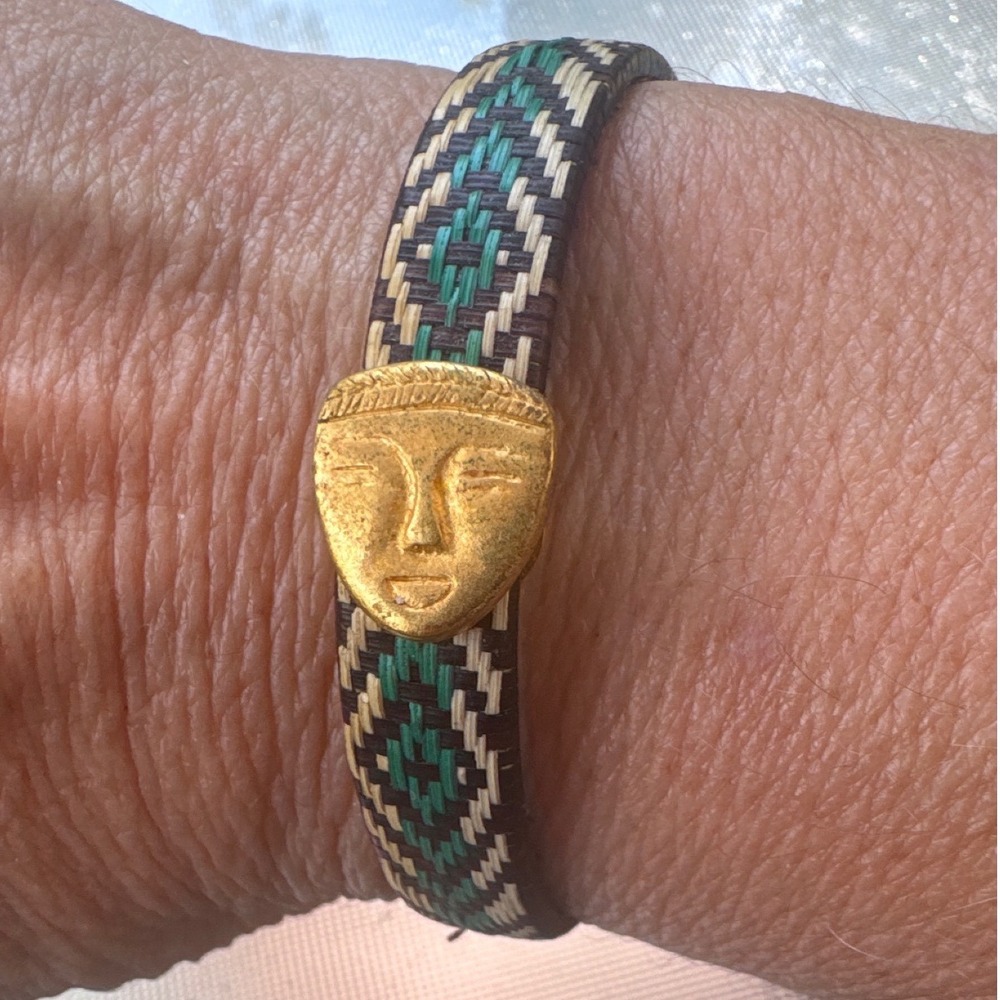 Artisanal Woven Macrame Bracelet Gold Tone Malinaltepe Mask Accent Pre-Columbian